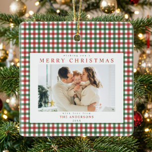 Ornement En Céramique Rouge et Vert Gingham Noël Photo Personnalisée