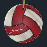 Ornement En Céramique Rouge foncé et blanc Personnaliser le volley-ball<br><div class="desc">Volleyball Noël Ornement prêt pour vous à personnaliser. ⭐ Ce Produit est 100% Personnalisable. *****Cliquez sur le BOUTON PERSONNALISER pour ajouter, supprimer, déplacer, redimensionner, modifier, tourner, etc... n'importe quel graphique ou texte. 99% de mes designs dans mon magasin sont faits en couches. Cela vous permet de redimensionner et de déplacer...</div>