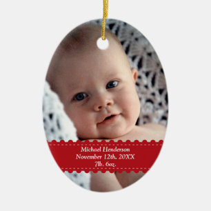 Ornement En Céramique Rouge ruban personnalisé photo bébé enfant statist