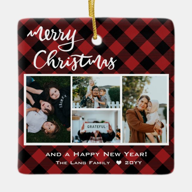 Ornement En Céramique Rouge rustique noir Buffalo chèque Joyeux Noël (Devant)