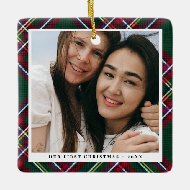 Ornement En Céramique Rouge Vert Plaid Premier Noël Ensemble Photo (Devant)