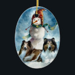 Ornement En Céramique Rough Collie avec Snowman Christmas<br><div class="desc">Belle rude collie art de Noël. Merveilleuses idées cadeaux de marchandises de vacances pour les amoureux de Collie sur votre liste d'achats. Les produits de Noël incluent des cartes,  ornements,  sweat - shirts à capuche,  sweatshirts,  plus. Offrez-vous des cadeaux de Noël ou offrez-vous !</div>