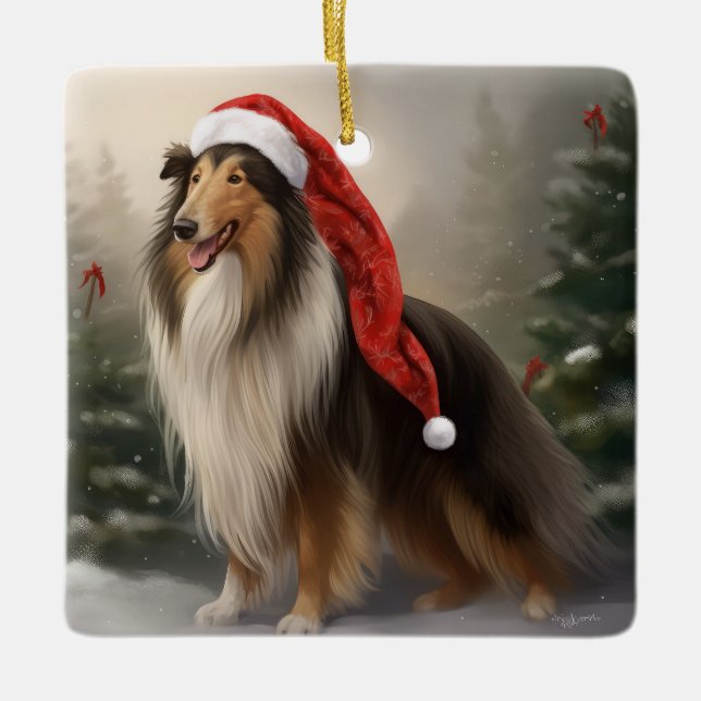 Ornement En Céramique Rough Collie Chien dans la neige Noël (Devant)