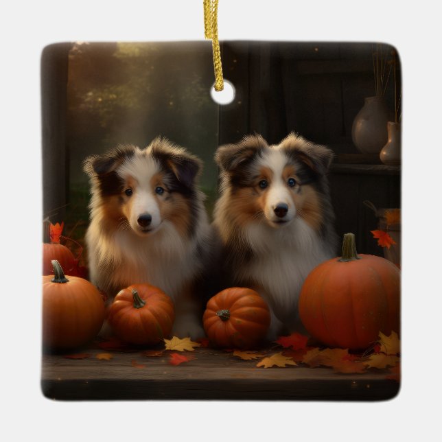 Ornement En Céramique Rough Collie Puppy Automne Citrouille de plaisir (Devant)