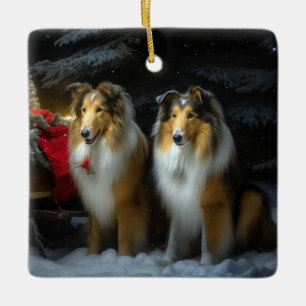 Ornement En Céramique Rough Collie Snowy Sleigh Décor de Noël