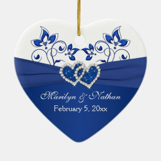 Ornement En Céramique Royal Blue, White Floral Hearts 1er Noël
