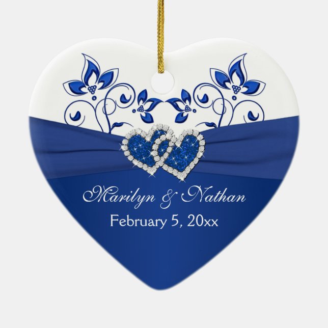 Ornement En Céramique Royal Blue, White Floral Hearts 1er Noël (Dos)