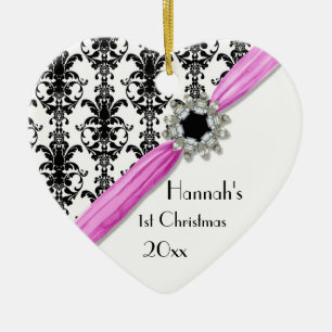 Ornement En Céramique Ruban blanc de damassé de bijou de noir vintage de