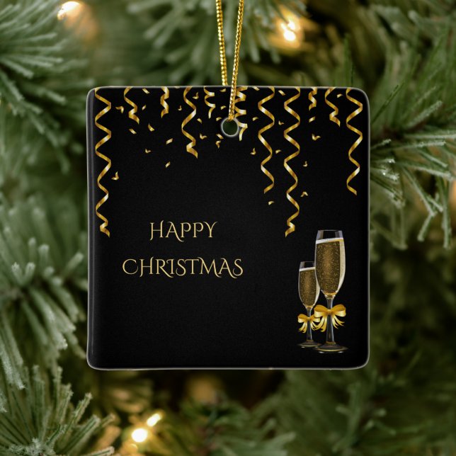 Ornement En Céramique Rubans dorés et Champagne Noël (Arbre)