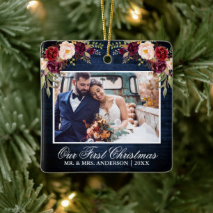 Ornement En Céramique Russe Bourgogne Floral Bleu Bois Premier Noël