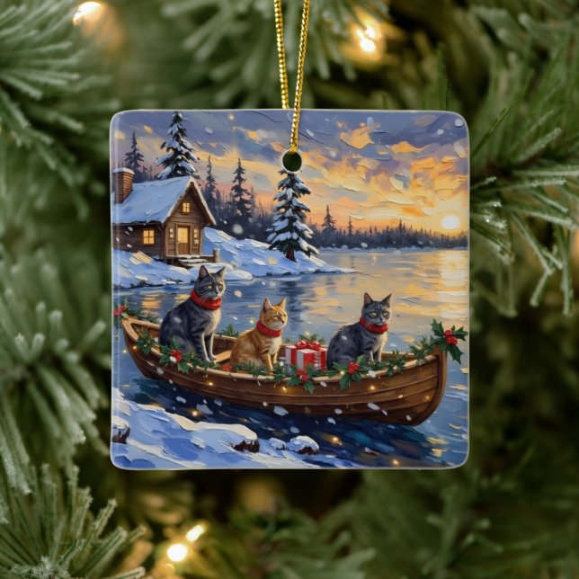 Ornement En Céramique Russian Blue Cat Christmas Boat Holiday (Arbre)