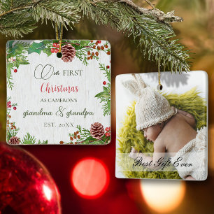 Ornement En Céramique Rustic Custom Photo 1st Xmas New Grandparents 