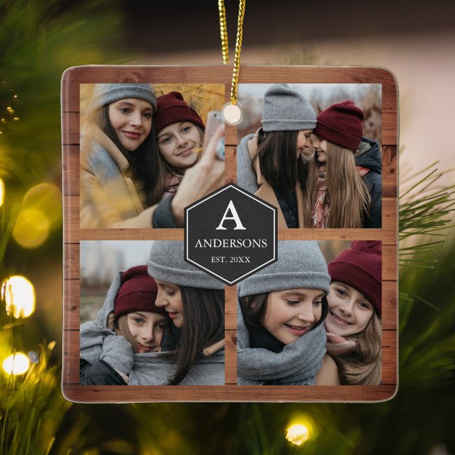 Ornement En Céramique Rustic Grange Wood 4 Photos Famille Photo Collage (Créateur téléchargé)