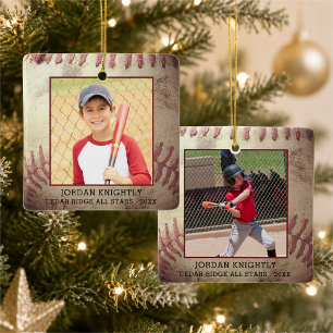 Ornement En Céramique Rustic Rugged Baseball 1 or 2 Photo Personalized