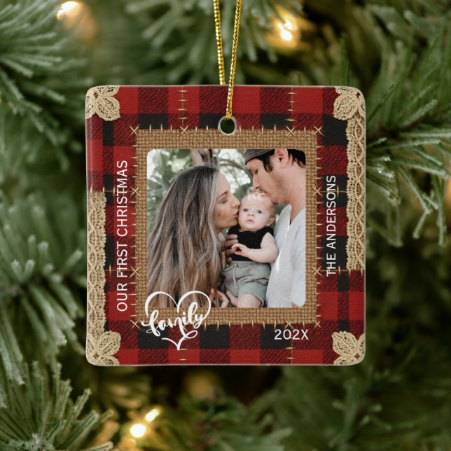 Ornement En Céramique Rustic Wood Plank Plaid First Christmas Family (Arbre)