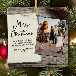Ornement En Céramique Rustic Wood Vieux Papier Joyeux Noël Famille