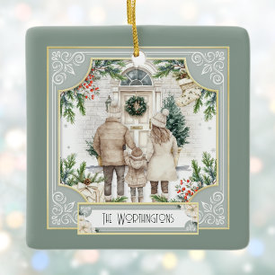 Ornement En Céramique Sage Green Boho Chic Personnalisé Famille Noël