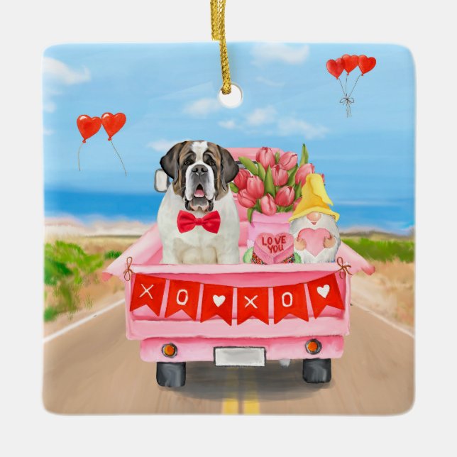 Ornement En Céramique Saint Bernard Chien Saint Valentin Coeurs de camio (Devant)