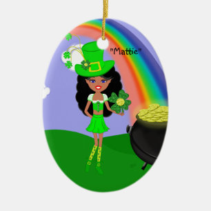 Ornement En Céramique Saint Pat's Day Brunette Girl Leprechaun avec arc-