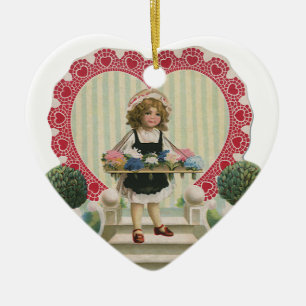 Ornement En Céramique Saint-Valentin Mignon Vintage, Fille aux Fleurs