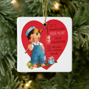 Ornement En Céramique Saint-Valentin mignon vintage, garçon pêchant des 