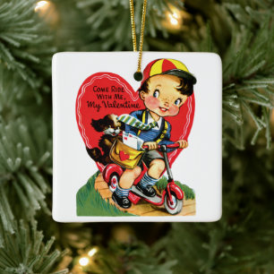 Ornement En Céramique Saint-Valentin mignon vintage, garçon sur un scoot