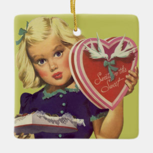 Ornement En Céramique Saint-Valentin Vintage Mignon, Fille avec Chocolat