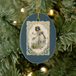 Ornement En Céramique Saint Valentin vintage, Victorian Girl with Rose