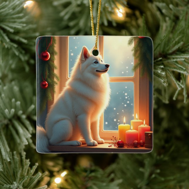 Ornement En Céramique Samoyed Under the Mistletoe Christmas Painting (Arbre)