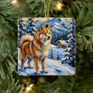 Ornement En Céramique Samoyède vintage dans un paysage de Noël alpin