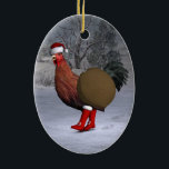Ornement En Céramique Santa Claus au coq Brown<br><div class="desc">le père noël a reçu une poule mignonne comme aide cette année - joyeusement en marchant avec des bottes rouges et casquette à travers la neige en hiver</div>
