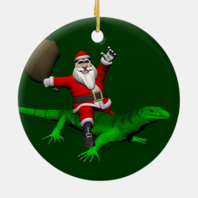 Ornement En Céramique Santa Claus Riding Green Lizard (Dos)