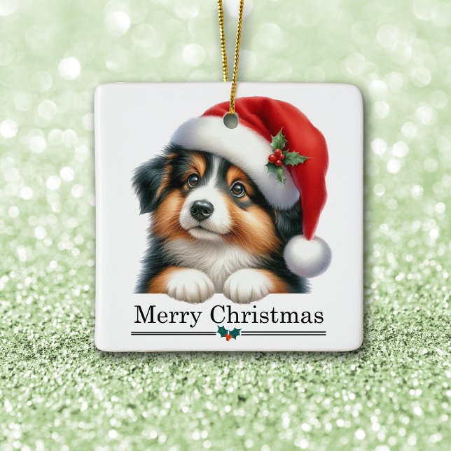 Ornement En Céramique Santa Hat Shetland Sheepdog Puppy Merry Christmas (Créateur téléchargé)
