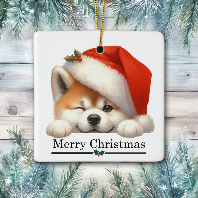 Ornement En Céramique Santa Hat Winking Akita Puppy Merry Christmas (Créateur téléchargé)