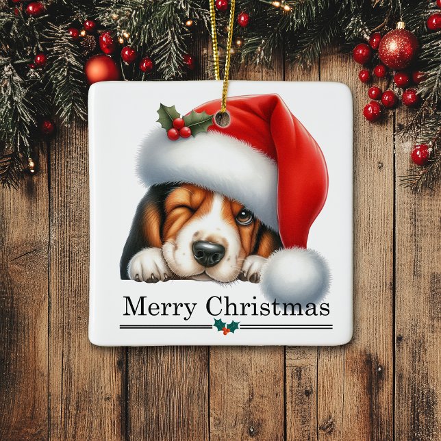 Ornement En Céramique Santa Hat Winking Basset Hound Puppy Christmas (Créateur téléchargé)