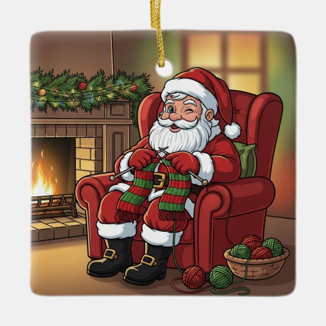 Ornement En Céramique "Santa's Cozy Knitting Nook" Personalized (Devant)