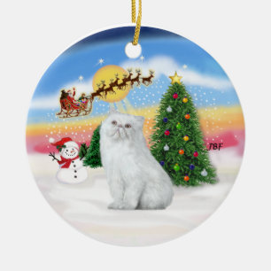 Ornement En Céramique Santas Take Off - chat perse blanc