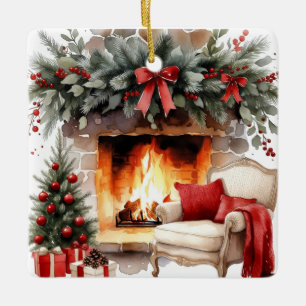 Ornement En Céramique Scène aquarelle de cheminée de Noël cosy