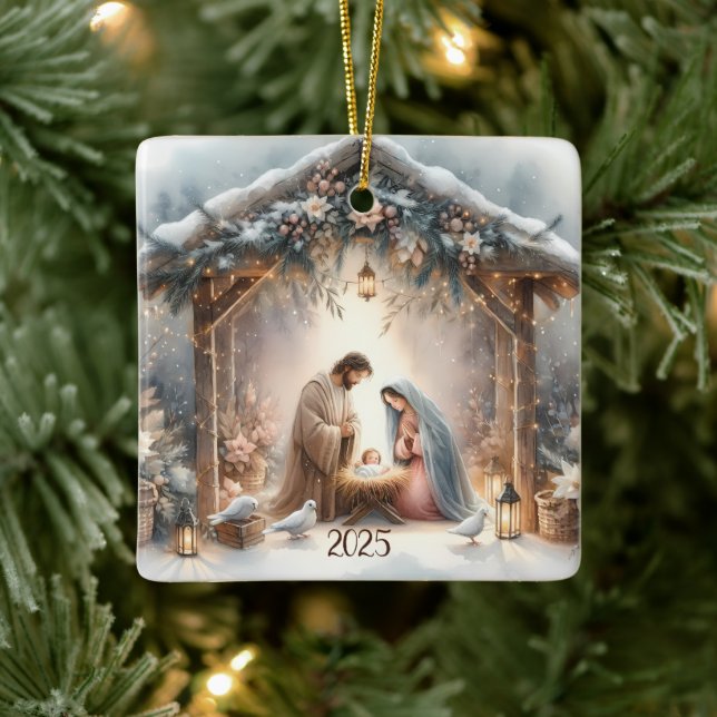 Ornement En Céramique Scène de crèche rustique avec carte de fleurs d'hi (Arbre)