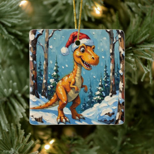 Ornement En Céramique Scène de Noël avec dinosaure vintage et chapeau de
