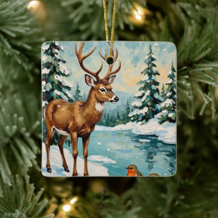 Ornement En Céramique Scène de Noël vintage avec cerf et rouges-gorges