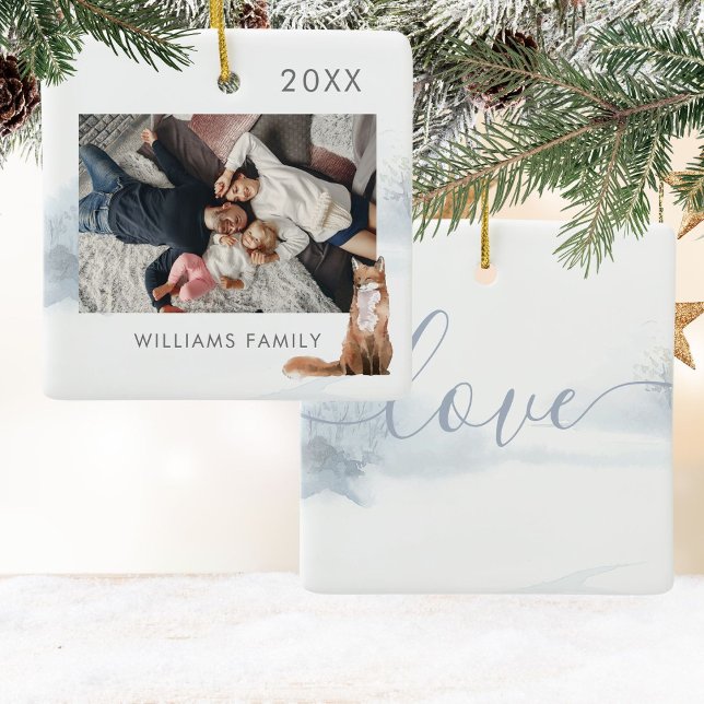 Ornement En Céramique Scène forestière hivernale Photo de renard (Winter Woodland Scene Fox Photo Ceramic Ornament)