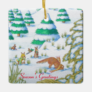 Ornement En Céramique scène mignonne de neige de renard et de Noël de
