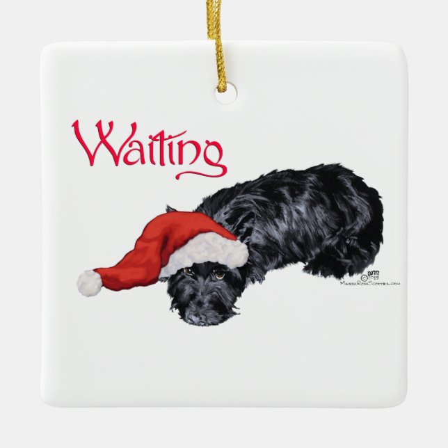 Ornement En Céramique Scottish Terrier attend Père Noël (Devant)