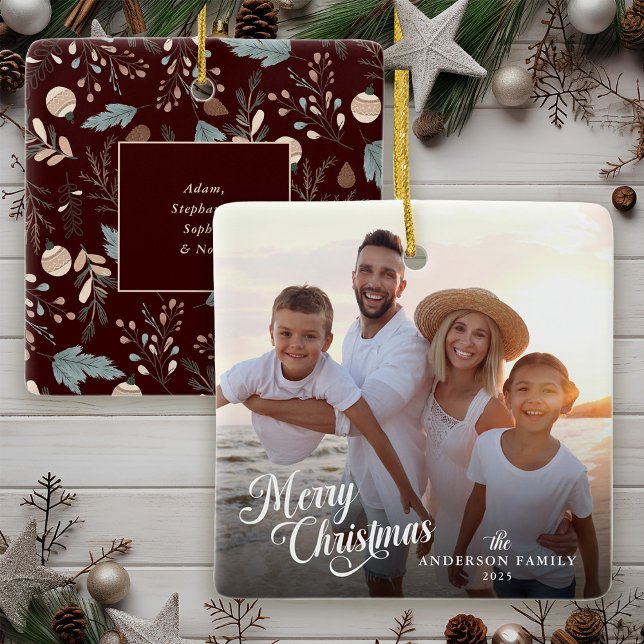 Ornement En Céramique Script de Noël Photo Boho Verdure Noël (Créateur téléchargé)