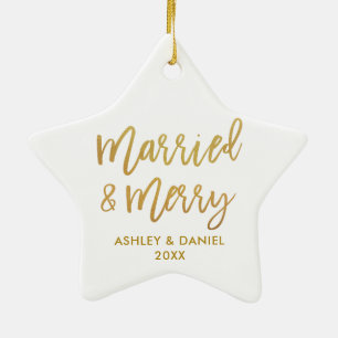 Ornement En Céramique Script Gold Brush Marié & Merry Mariage Star