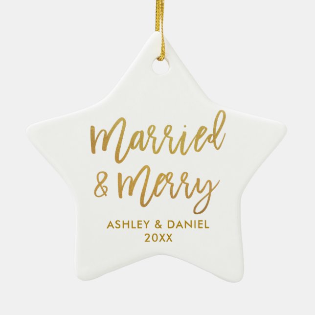 Ornement En Céramique Script Gold Brush Marié & Merry Mariage Star (Dos)