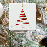 Ornement En Céramique Script photo Gold Red Tree Joyeux Noël<br><div class="desc">Gold Red Tree Script Joyeux Noël est dans un style élégant et écrit à la main et une illustration artistique d'un simple arbre de Noël à ruban est au-dessus. Remplacez l'exemple de photo au dos par le vôtre.</div>