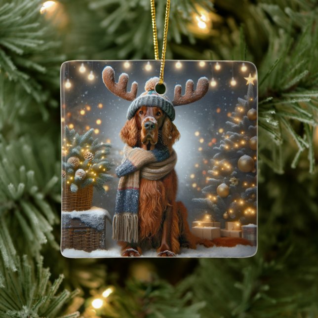 Ornement En Céramique Setter Irlandais De Noël Avec Antlers De Rennes (Arbre)