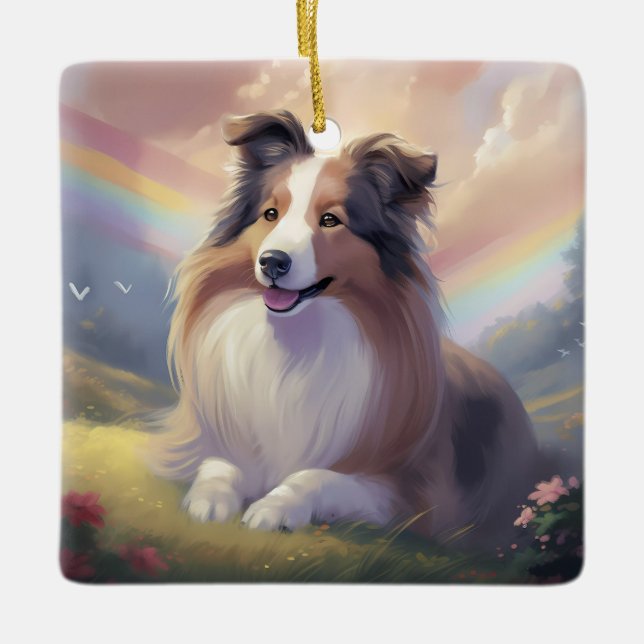 Ornement En Céramique Sheltie Dog Memorial Rainbow Bridge Personnalisé (Devant)